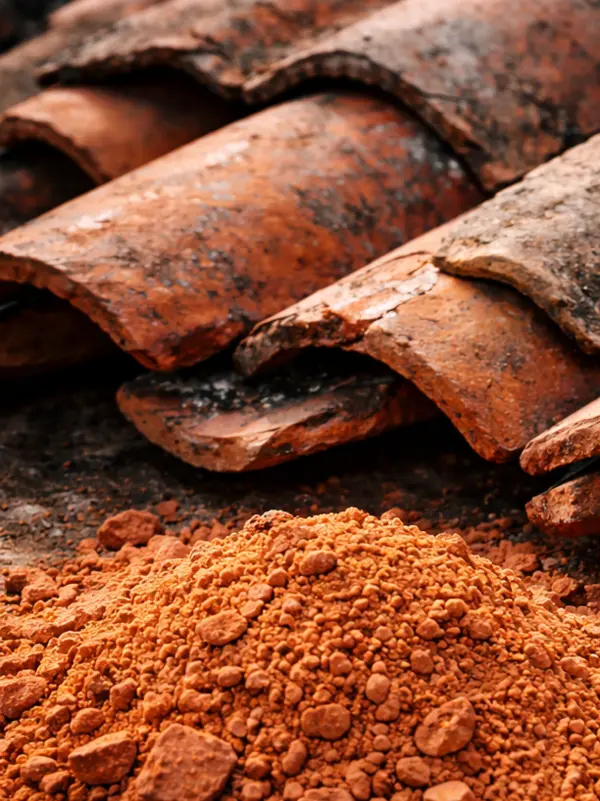 Aufgemahlene Tonziegel in Form von Dachpfannen