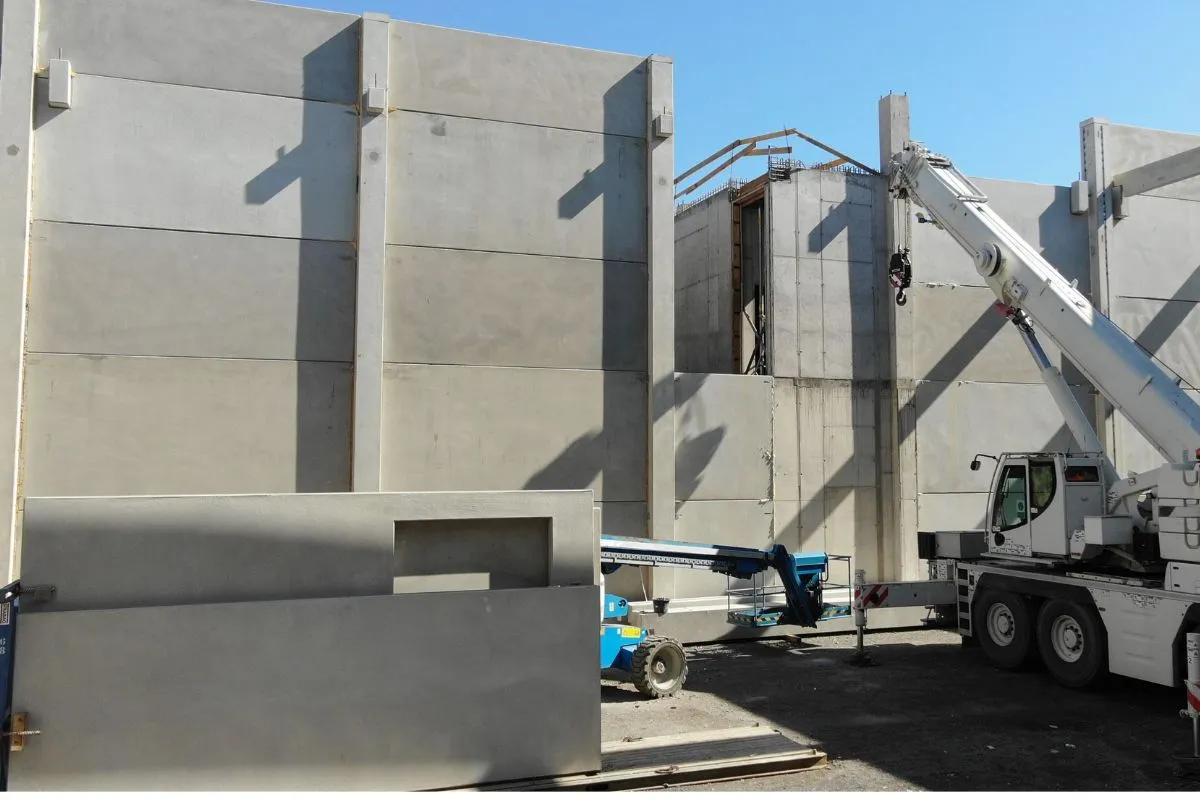 Ein LKW mit Ladekran setzt die vorgefertigten Teile zusammen.