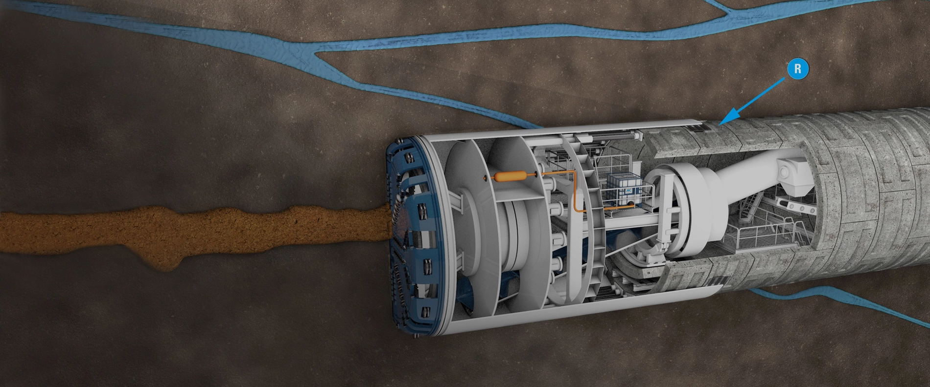 Querschnitt einer Tunnelvortriebsmaschine: An der Lisene wird der Aktivator dazugegeben und die Ringspaltmasse in den Ringraum (R, siehe Markierung) eingebracht.